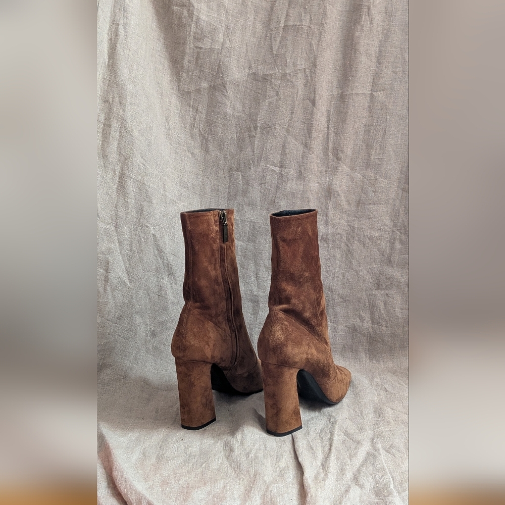 Saint Laurent Brown Suede Mid-Calf Block Heel Boots - Picture 2 of 5
